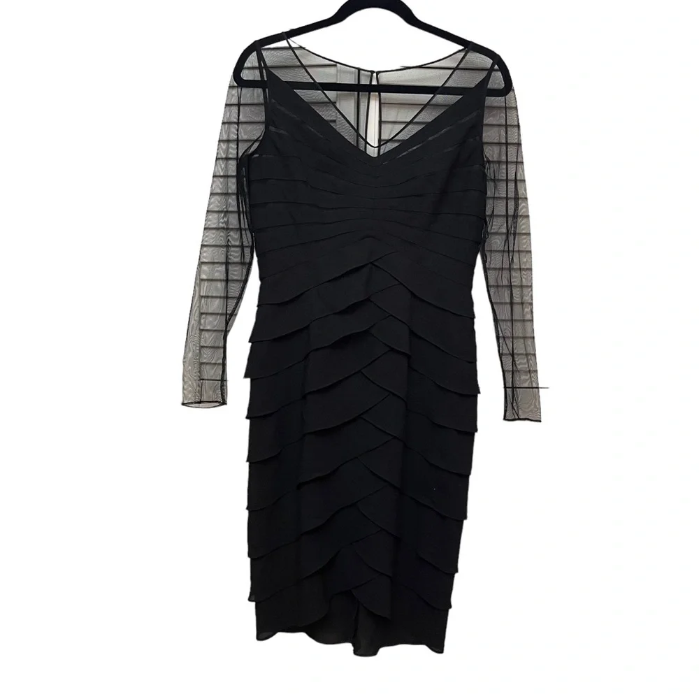 Adrianna Papell Long Sleeve Mesh Tiered Raffled Black Midi Dress Size 8 - Picture 1 of 10